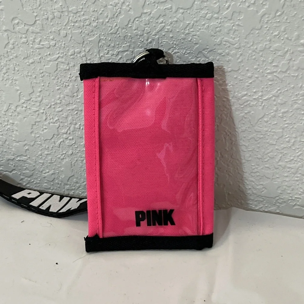 PINK VS Lanyard ID Holder Pouch Wallet Keychain Black‎ White Trendy Gorpcore